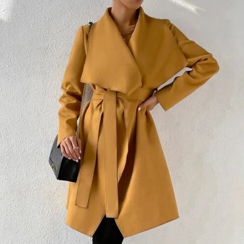 Belted Waterfall Collar Trench Overcoat Coat Jacket - Picture 4 of 6